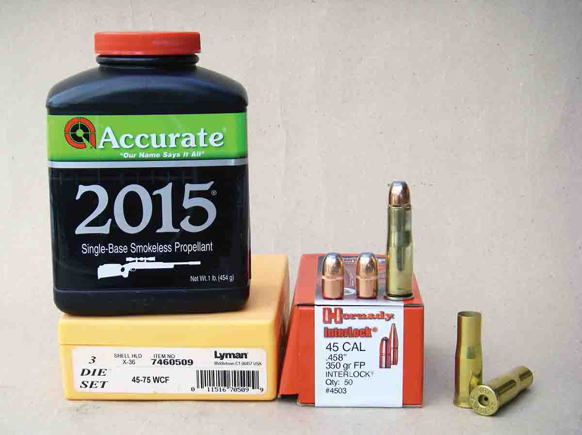 Accurate 2015 powder is a good choice when using Hornady 350-grain InterLock FP bullets in Uberti Model 1876  reproduction rifles chambered in .45-75 WCF.
